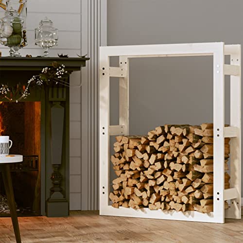 Homgoday Soporte para Leña Robusto,Estantería para leña para Interior y Exterior Leñero de estanteria Exterior Estante para leña Madera Maciza de Pino Blanco 80x25x100 cm