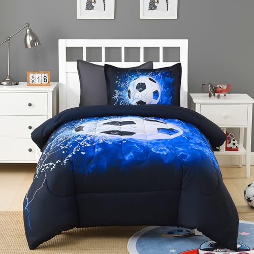 Image of Andency Soccer Comforter Twin(66x90 Inch), 2 Pieces(1 Soccer Comforter, 1 Pillowcase) Blue Flame Soccer Comforter Set Sport Microfiber Bedding Set for Boy Girl Kids, Teen