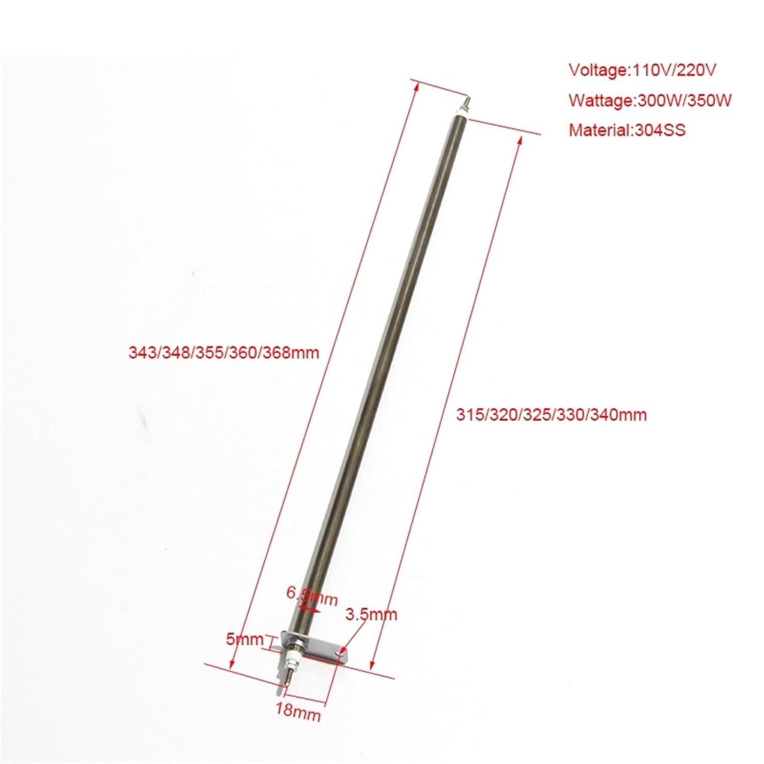 304 Stainless Steel Electric Tubular Dry Heater 6.5mm*343/348/355/360/368mm Heating Element 300W/350W 2Pcs /lot(220V_350W 348MM 320MML)