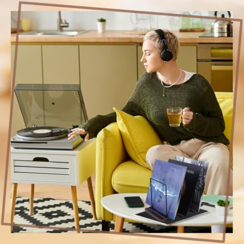 Organizador de álbumes para sala de estar con soporte de vinilos decorativo de madera 5