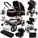 Baby Buggy Pram Pushchair 3 in 1 with Car Seat Child Lightweight Folding Stroller One Size Fits All 3 in 1 Travel System Pram for Newborns & Toddlers 0-36 Months from Birth (Black - Rose Gold Frame)