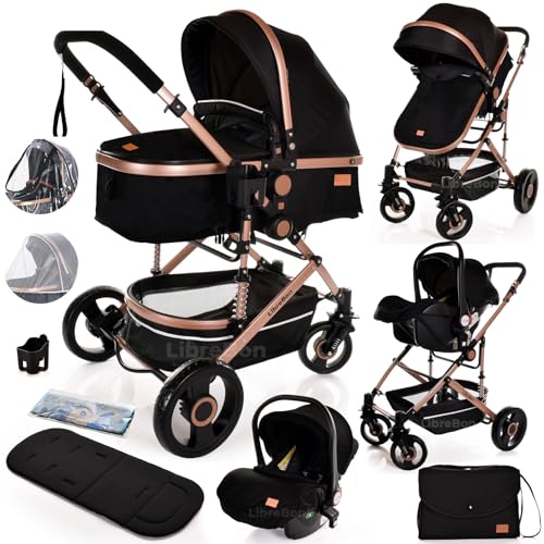Baby Buggy Pram Pushchair 3 in 1 with Car Seat Child Lightweight Folding Stroller One Size Fits All 3 in 1 Travel System Pram for Newborns & Toddlers 0-36 Months from Birth (Black - Rose Gold Frame)
