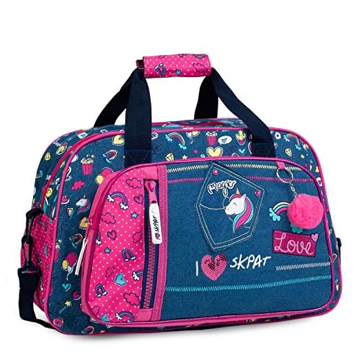 SKPAT - Bolsa Infantil de Deporte con Doble Asa y Bandolera Lona Denim Vaquera Estampada con Lentejuelas y Llavero Pompón Colegio Viaje Gimnasio, Amplia y Robusta 130845, Color Fucsia