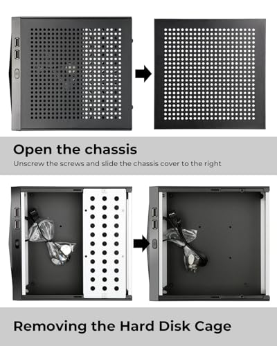 Gabinete Mini ITX SFF de Forma Compacta, Chasis para Computadora Mini Torre de Acero Aleado de 0,6 mm con Panel de Ventilación Circular, Compatible con Placas Base Mini ITX (170 × 170 mm) y Cargador de Laptop miniatura 7