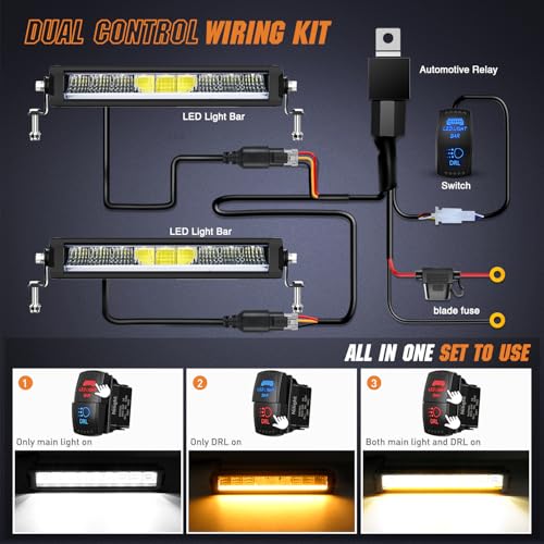 Image of Nilight LED Light Bar with Amber DRL 2 PCS 45 W 12.2 Inch Single RowLights | Slim 4980 LM Anti-Glare Flood Spot Combo IP68 Offroad Driving Lights with 16AWG DT Wiring Kit for Pickup Truck SUV Jeep