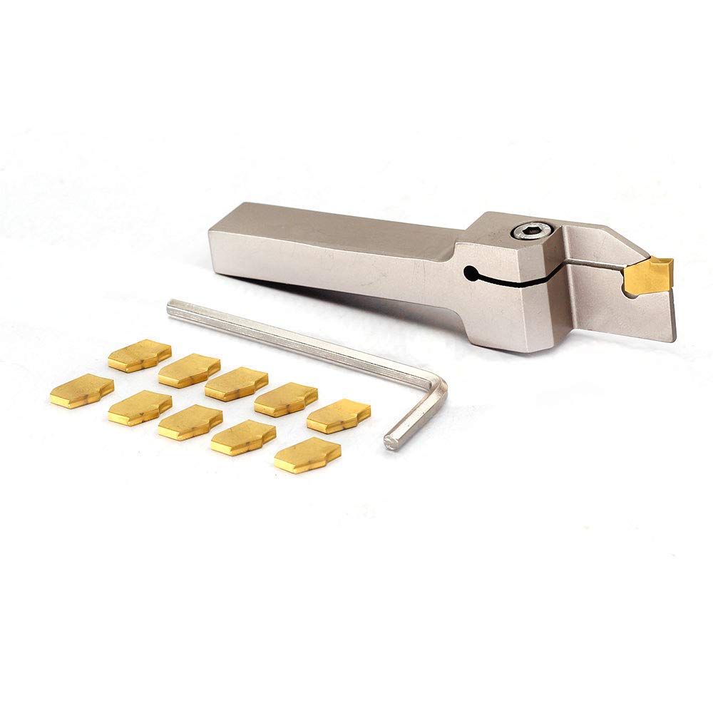 OSCARBIDE 3/8"x1/2"Heavy Duty Nickel Plated QA06R-20J Right -Hand Indexable Lathe Parting Grooving Holder with 10 Pieces GTN-2(QC1402) Carbide Inserts Cut Off Tool