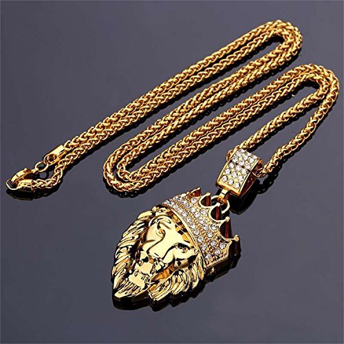 Hip Hop Jewelry Gold Crown Lion Head Pendant Iced Out Clear Rhinestones – Diamonds Prong Set - Curb Cuban Chain Stainless Steel Necklace #TOP4