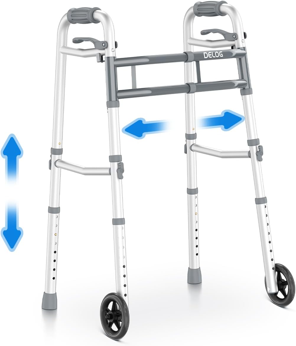 Delog Narrow Folding Walker for Seniors with Trigger Release and 5 Inches Wheels, Lightweight Supports Up to 350 lbs, Aluminum Folding Walker for Elderly, Handicapped and Disabled