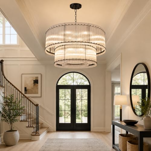 Image of 48-Inch Ripple Glass Chandelier, 3-Tier 20-Light Large Black Round Chandelier for Dining Rooms, Living Rooms, Foyers, Staircases, Open-Concept Spaces & High Ceilings