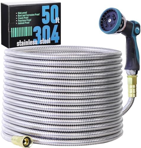 50FT Garden Hose, 304 Stainless Steel Water Hose, Flexible with a 10-Mode Nozzle Sprayer, No Kink, Lightweight, Puncture Proof, Ideal for Yard, Lawn, Outdoor, 5/8" Outside Diameter