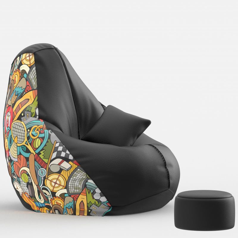 Image of Biggie Bean Bag Chair 5XL with Beans Filled-Pop Prints-Printed Designer Bags-Where Prints Meet Personality with Free Cushion & Footrest (Matching Color : Printed, Sports - H - Black Green)