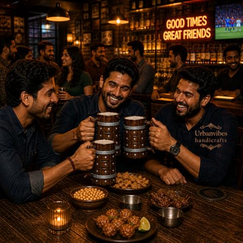 Image of Handmade Wooden Beer Mug, Wood with Sheesham Finish, Barrel Style, Lightweight & Durable, for Craft Beer, Home Bar, Cafe, Party, Gift(350ml) (Barfi with Studds)