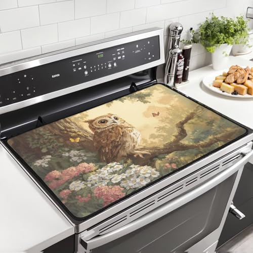 Image of Owl Electric Stove Insulation Mat Water Resistant Dish Drying Mat for Kitchen Non-Slip Rubber Base Heart Resistant Stovetop Protector Home Kitchen Decor