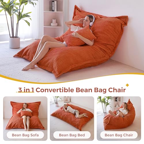 Image of MAXYOYO Giant Bean Bag Chair with Pillow, 3 in 1 Convertible Bean Bag Chair for Adults with Washable Cover, Removable Floor Cushion Stuffed Floor Lounger for Living Room Bedroom, Orange, Full