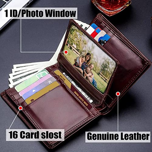 Wallet for Men Larger Capacity Genuine Leather Bifold with 16 Slots 1 ID Window RFID Blocking Pockets Small Credit Card Wallets3