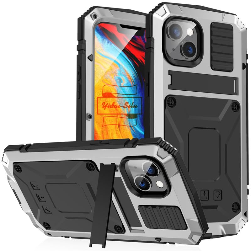 Yidai Plata iPhone 15 Plus Funda para Exteriores 【IP-54 Zert. Impermeable, Protección de 360°】Funda militar blindada 2 m Funda a prueba de golpes Soporte Funda para teléfono móvil para iPhone 15 Plus