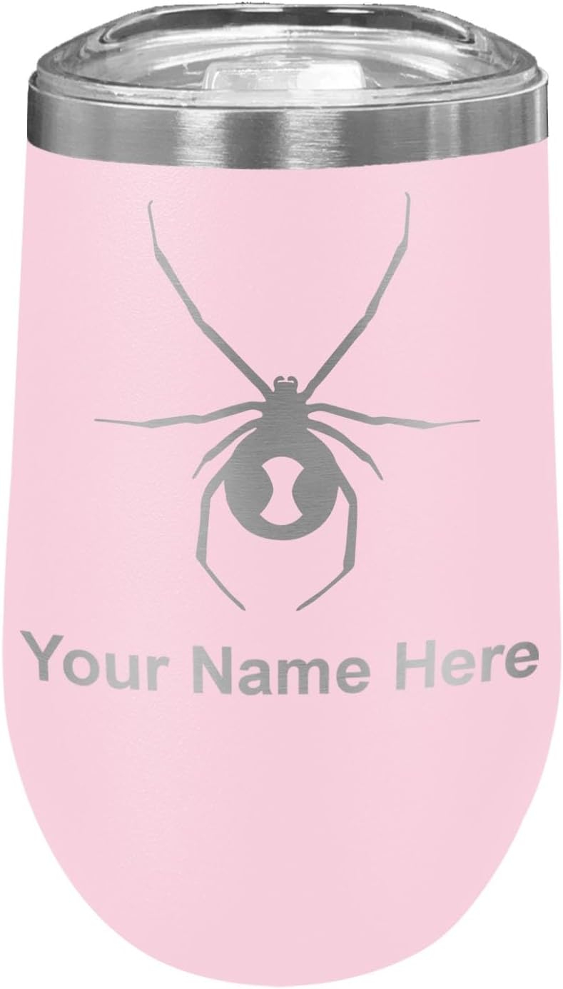 LaserGram 16oz Double Wall Stainless Steel Wine Glass Tumbler, Black Widow Spider, Personalized Engraving Included (Black)