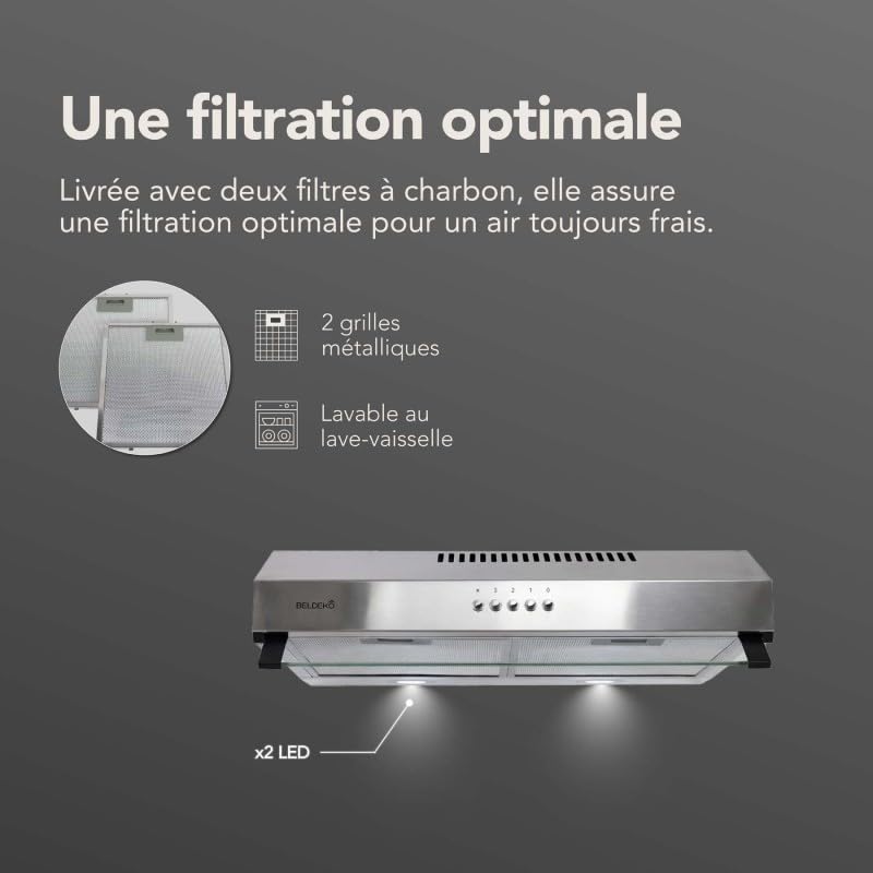 BELDEKO Hotte Casquette Visière 60 cm - Inox - 3 Vitesses Éclairage LED - Évacuation ou Recyclage - Marque Française