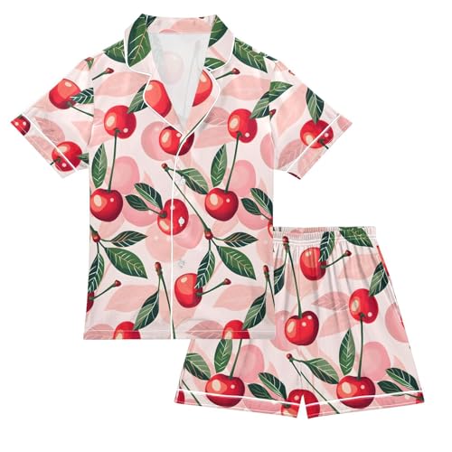 ALAZA Cherry Leaf Cute Pajamas Satin Pajama Set Short Sleeve Button Down Sleepwear