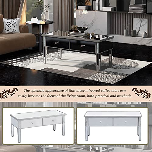 Lumisol Glass Mirrored Coffee Table With 2 Drawers, Rectangle Silver Accent Table With Crystal Handles And Adjustable Height Legs, Cocktail Table For Living Room, Silver #TOP5