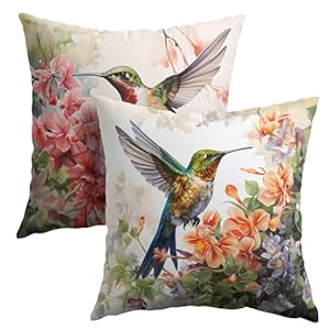 Watercolor Bird Throw Pillow Covers Spring Hummingbird Outdoor Pillow Covers 18×18 Inch Summer Tropical Flowers Cushion Cases Set of 2 Pillowcase for Patio Furniture Bed