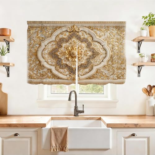 Image of Self Adhesive Luxury Golden Baroque Cabinet Curtain for Mother's Day, 39x28 Inch Victorian Floral Under Sink Skirt No Drill, Spring Cleaning Kitchen Decor, Hook and Loop Valance