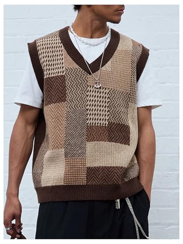 OYOANGLE Men's Vintage Plaid Print Sweater Vest Sleeveless V Neck Pullover Knit Tank Tops3