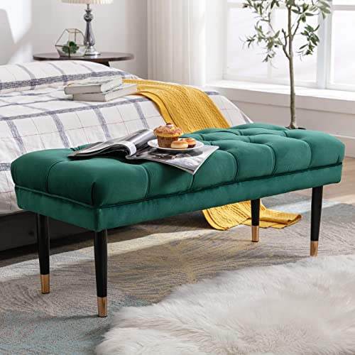 Letesa Velvet Bedroom Accent Bench With Metal Legs, Tufted Upholstered End Of Bed Ottoman Bench, Indoor Benches For Entryway Dining Living Room Window (Green) #TOP4
