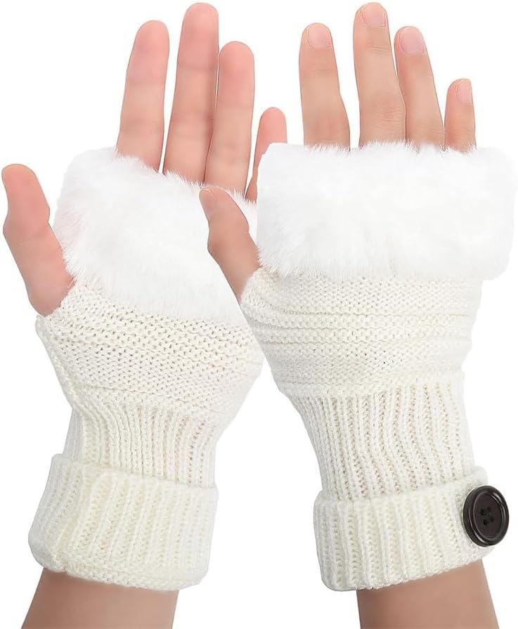 Women's Fingerless Gloves - Cashmere Short Gloves Mittens, Winter Thumb Hole Knitted Warm Gloves with Faux Fur for Girls Work Outdoor Gifts