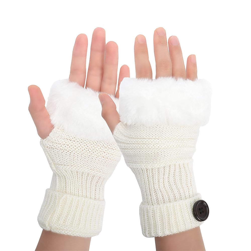 Women's Fingerless Gloves - Cashmere Short Gloves Mittens, Winter Thumb Hole Knitted Warm Gloves with Faux Fur for Girls Work Outdoor Gifts
