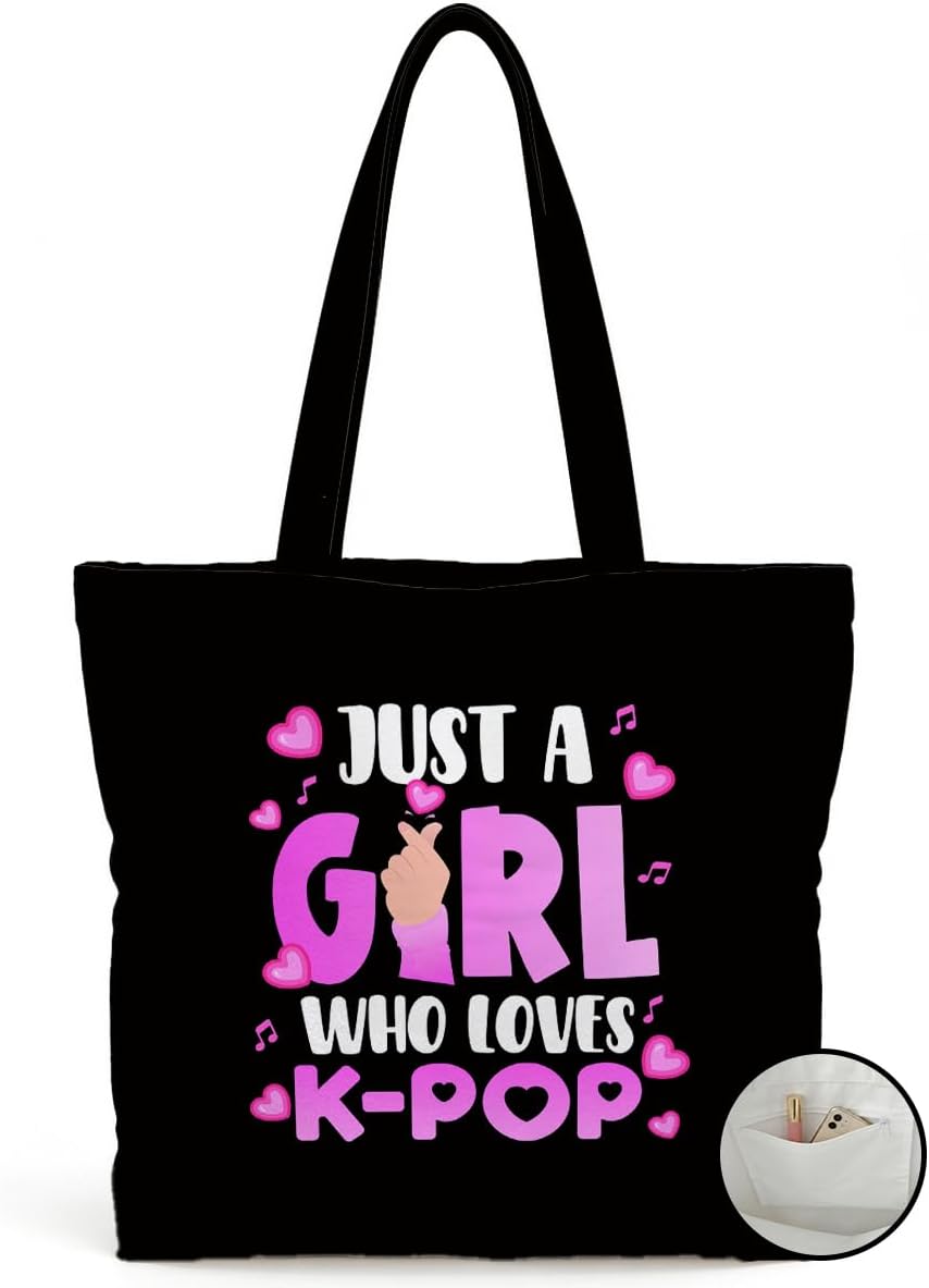K-Pop Gifts Tote Bag for Music Lover Beach Bags with Inner Pocket Reusable Shopping Grocery Bags for Women K-Pop Fans