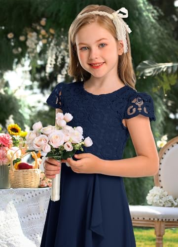HOSIKA Girls Vintage Lace Chiffon Ruffle Sleeve A-Line Wedding Party Junior Bridesmaid Dress for Kids 6-12 Years4