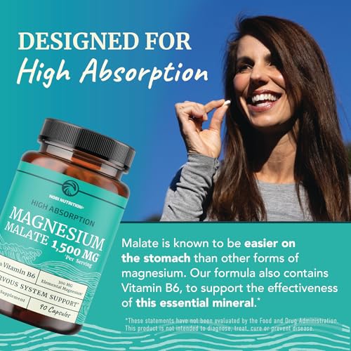 Image of Magnesium Malate 1500MG | Energy & Nervous System Support | 300MG Elemental Mag Per Serving | High Absorption Magnesium Malate Capsules with VIT B6 + Black Pepper | Non-GMO | 90 Ct (1 Month Supply)