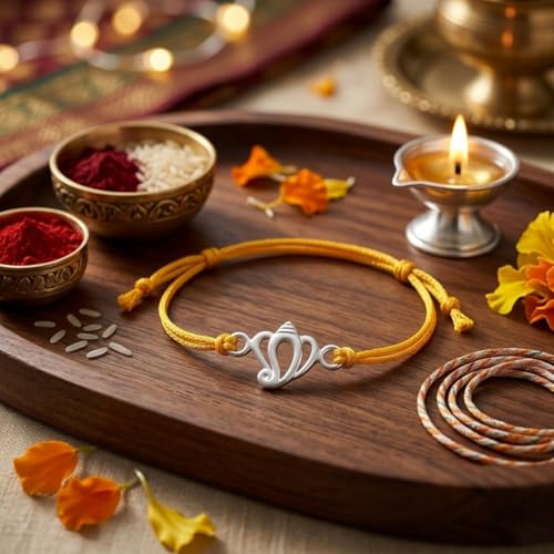 Image of Parnika 925 Pure 92.5 Sterling Silver Ganesha Rakhi Bracelet for Brother | Hallmarked Silver Rakhi for Bhai & Bhaiya | Raksha Bandhan Gift with Roli Chawal | Premium Thread Rakhi