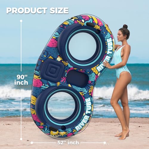 POVRYE Pool Floats Adult, 2 Person River Tubes Inflatable 5-in-1 Heavy Duty River Raft with Backrests, Built-in Cooler, 2 Cup Holders, Floating Lounge Floatie for Lake Swimming Pool Summer Relaxation