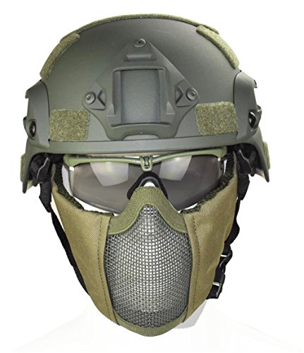 Jadedragon MICH 2000 Style ACH Tactical Helmet with Protect Ear Foldable Double Straps Half Face Mesh Mask & Goggle (Green)