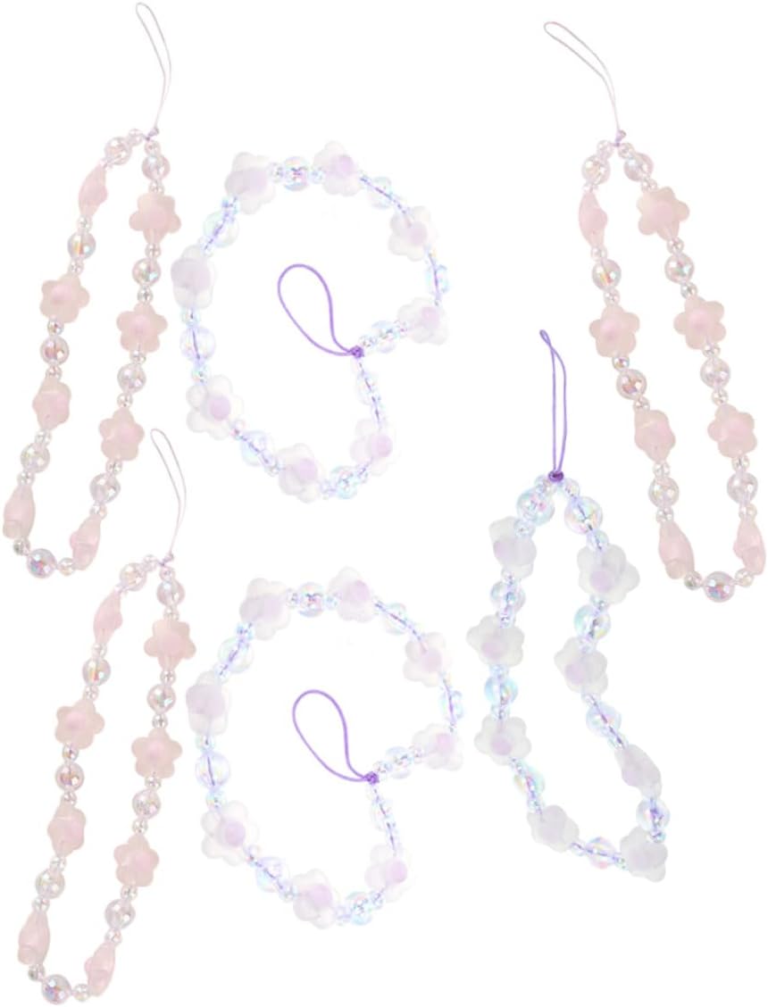 SECFOU 6pcs Phone Bracelet Strap and Beaded Flower Phone Wrist Lanyard Set for Women with Crystal Beads Purple and Pink Random Color