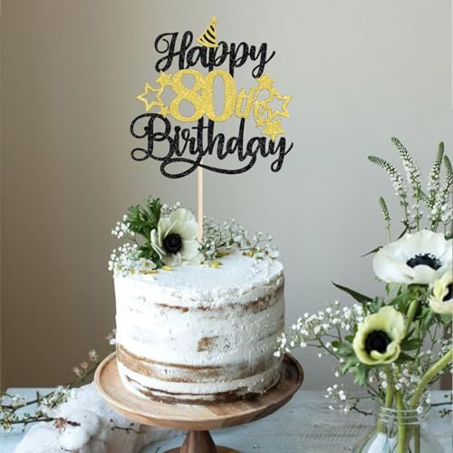 Image of Confetti! Glittering 80th Birthday Cake Topper with Star Hat - Cheers to 80 Years! Fabulous Cake Decorations for Elders 80th Birthday & Anniversary Party Supply