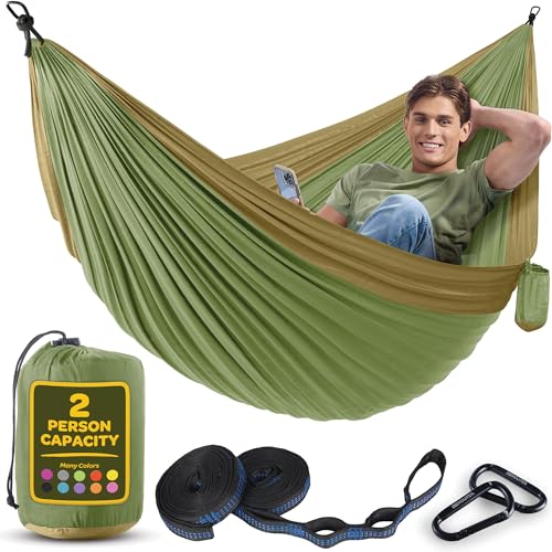 Image of Durable Hammock 500 lb Capacity, Nylon Camping Hammock Chair - Double or Single Sizes w /Tree Straps and Attached Carry Bag - Portable for Travel /Backpacking /Beach /Backyard (Large, Khaki & Army Green)