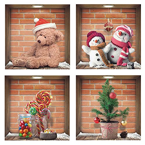 Iarttop 3D Vinyl Merrychristmas Wall Art Magic Wall Decal, Colorful Festival Wall Sticker, Lovely Pattern-Teddy Bear,Snowman,Candy Stick Decals For Window Clings,Playroom Decor, Creative Diy Party Wall Art Mural Decoration, Set Of 4 (12”X12”) #TOP27