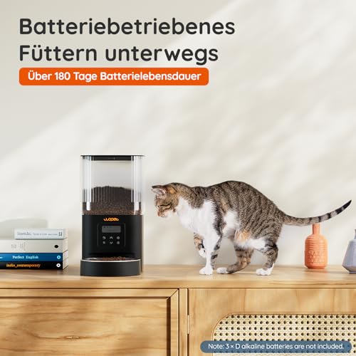 WOPET Futterautomat Katze 4L- Katzenfutter Automat 180 Tage Akkulaufzeit (1-6 Mahlzeiten/Tag, Trockenfutter) Futterspender für Katzen/Hunde, Edelstahlschüssel, Doppelnetzteil Schwarz