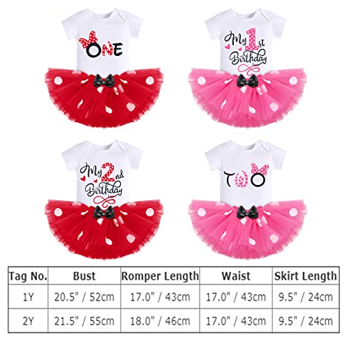 Mouse 2Nd Birthday Outfits Baby Girls Short Sleeve Romper Polka Dots Mini Tutu Skirt Headband 2 Years Old Cake Smash Photo Props I’m Two My Second Birthday Party Supply Summer Clothes Set Pink+Black #TOP6