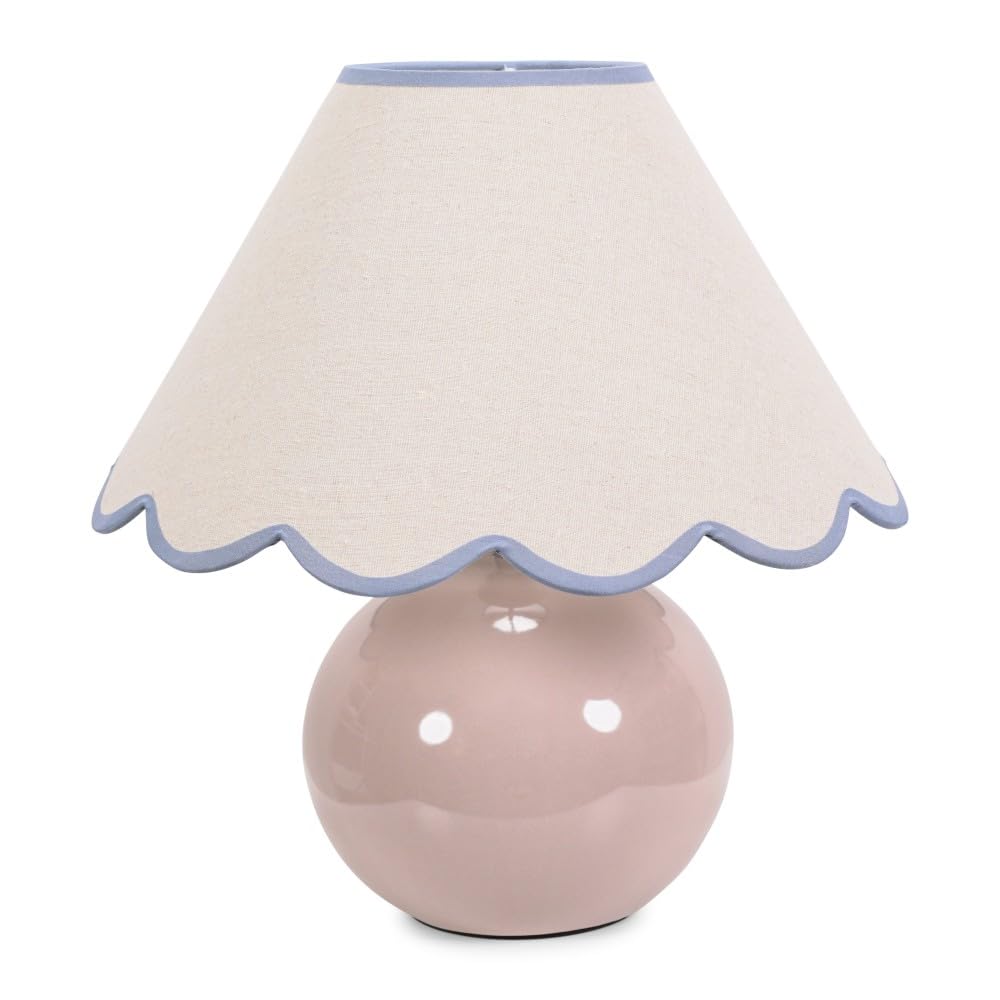 ValueLights | Stone Natural Ceramic Table Lamp with Blue Trim Scallop Lampshade Living Room Bedside Light | Table Lamps, Home Décor & Improvement Essential | Included LED Bulb