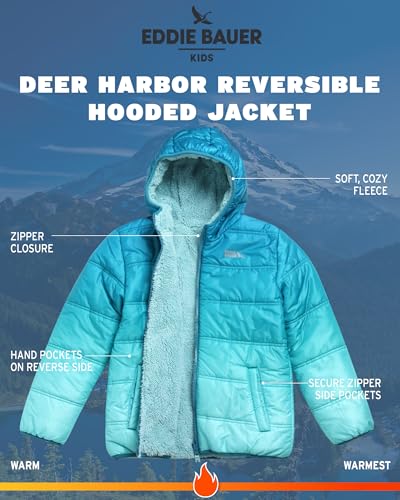 Image of Eddie Bauer Boys' Reversible Jacket - Waterproof Lightweight Fleece Lined Hooded Puffer Coat - Boys Outerwear Jacket (5-20)
