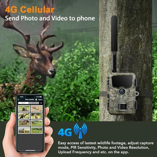 4G Wildlife Camera Cellular Trail Camera Send Pictures and Video to the Phone 24MP 1080P with 36pc 850nm IR LEDs Night Vision Motion Activated IP66 Waterproof for Garden and Wildlife Monitoring