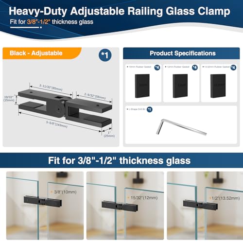 Image of Adjustable Glass to Glass Clamp, 90-180-270 Degree Matte Black Railing Clamps, Stainless Steel T304 Railing Clips Brackets for Fence, Balustrade, Balcony Deck, Indoor & Outdoor