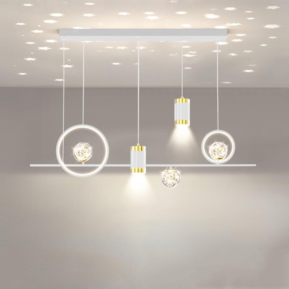 Modern Light Luxury Kitchen Island Linear Pendant Light Long Strip LED White Projection Stars String Ment Ball Nordic Ceiling Hanging Lamp for Living Room Dining Room