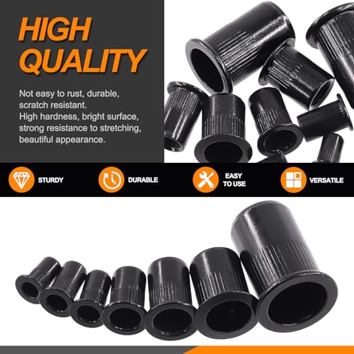Rustark R-1513 180Pcs Sae Rivet Nuts Carbon Steel Black Zinc Plated Rivet Nuts Assortment Kit Knurled Flat Head Rivnuts Threaded Insert Nuts thumb #3