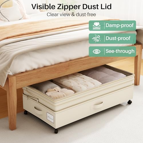 Image of Kitstorack 2Pack Height-adjustable Under Bed Storage with Wheels, Under Bed Storage Containers,Under Bed Shoe Storage Organizer with Clear Window&Label, Suitable for Clothes Storage, Beige