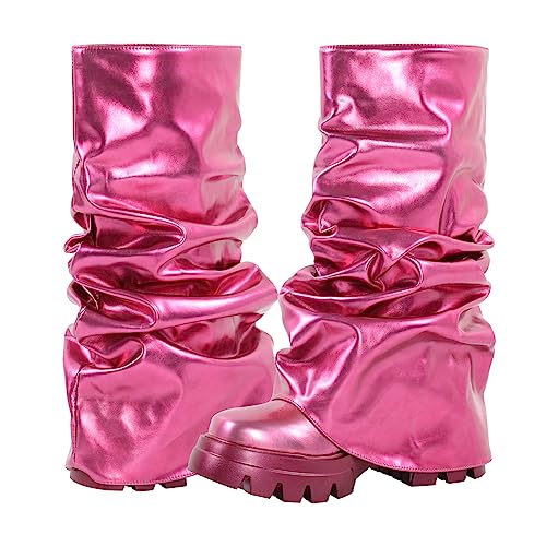 Image of LISHAN Women's Platform Heel Metallic Fold Over Pull on Shark Ruched Boots